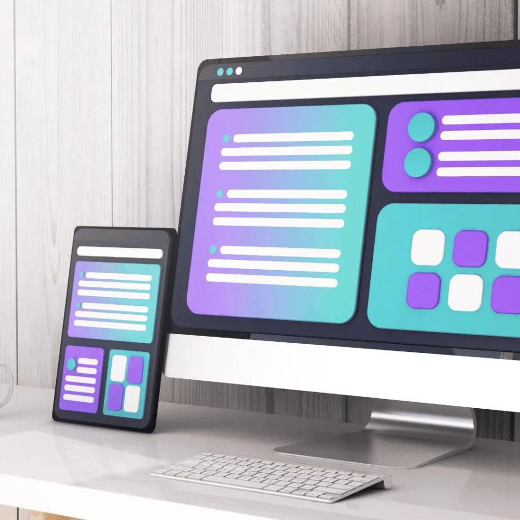 Maqueta de diseño web responsive con interfaz digital en colores turquesa y morado mostrada en un ordenador de escritorio, una tablet y un smartphone.