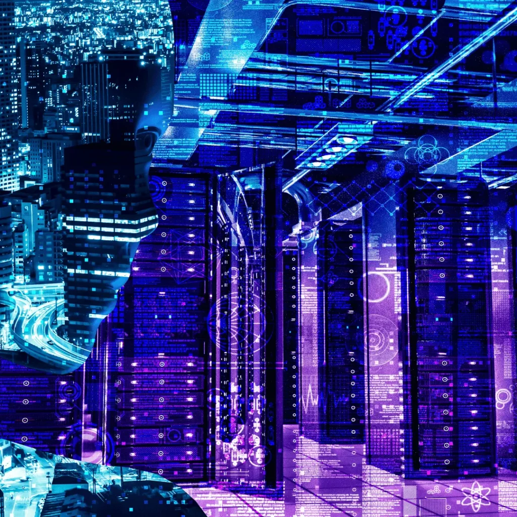 Composición digital futurista con silueta humana, servidores y ciudad iluminada, representando inteligencia artificial, big data y transformación digital.