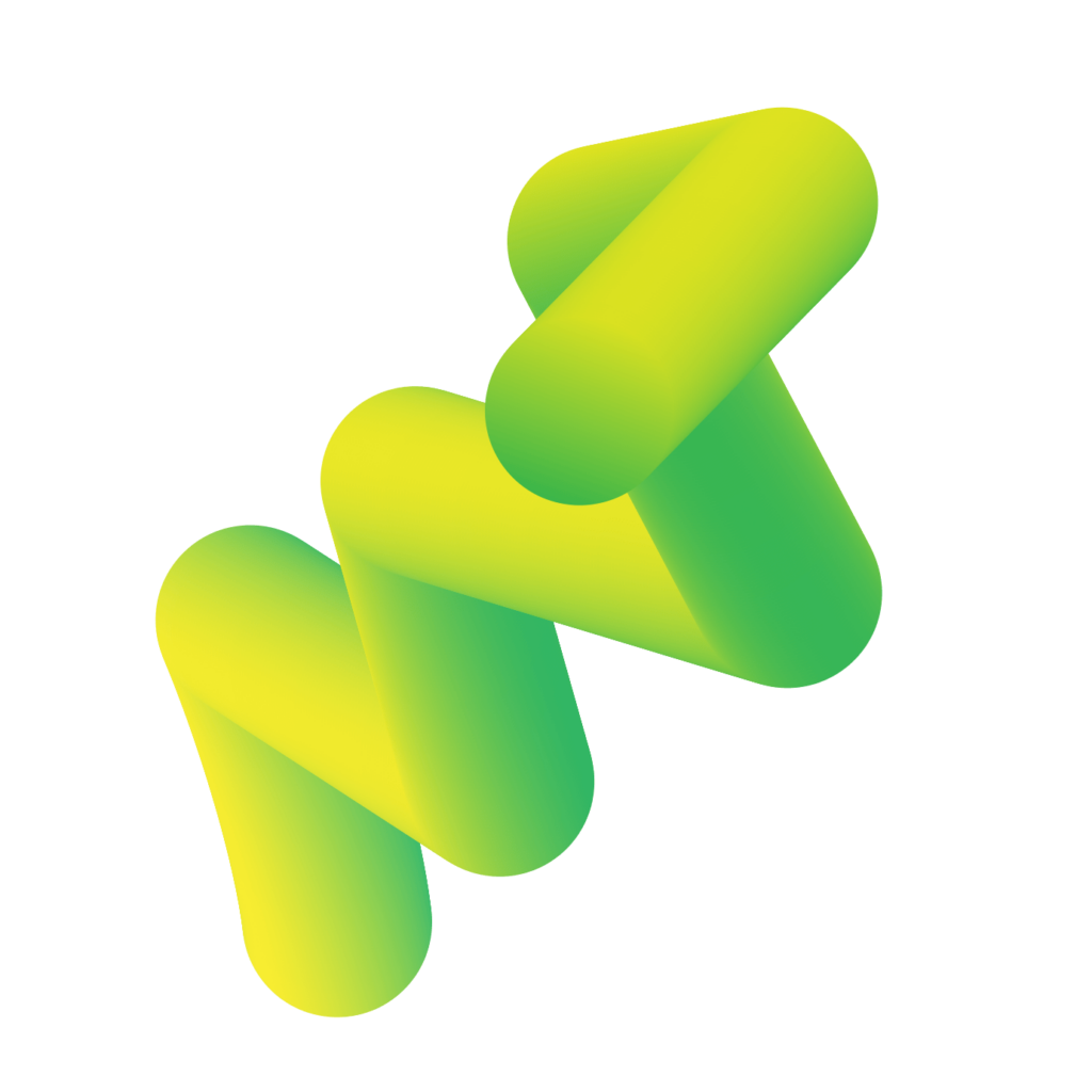 Ilustración abstracta en 3D de cilindros entrelazados con degradado verde y amarillo, sobre fondo transparente, estilo futurista para diseño gráfico.