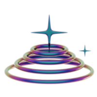 Ilustración de aros concéntricos con efecto degradado en azul, morado y verde, acompañados de dos destellos brillantes en estilo cósmico sobre fondo transparente.
