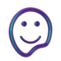 Ilustración de un icono de cara sonriente minimalista con contorno degradado en colores azul, morado y verde, sobre fondo transparente.